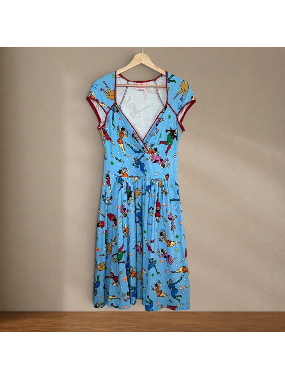 Pinup Couture Blue Space Babes Astronaut Print Midi Dress Red Trim Fit & Flare